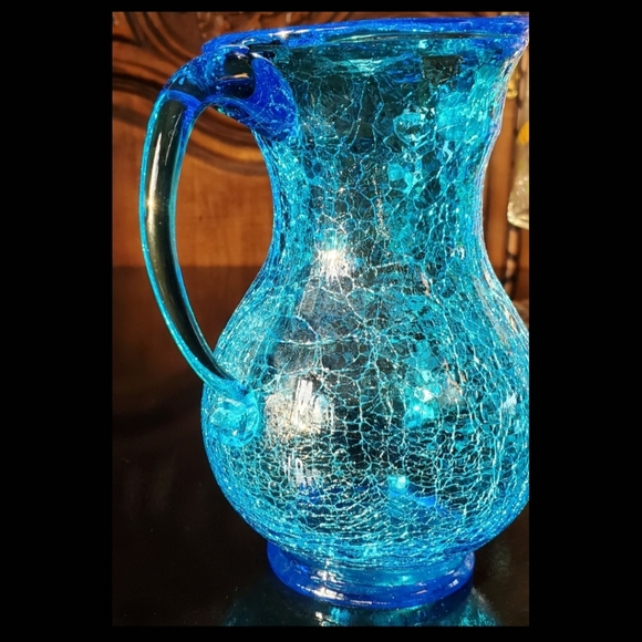 Art Vntg 6 Crackle Art Glass Pitcher Bright Blue Poshmark